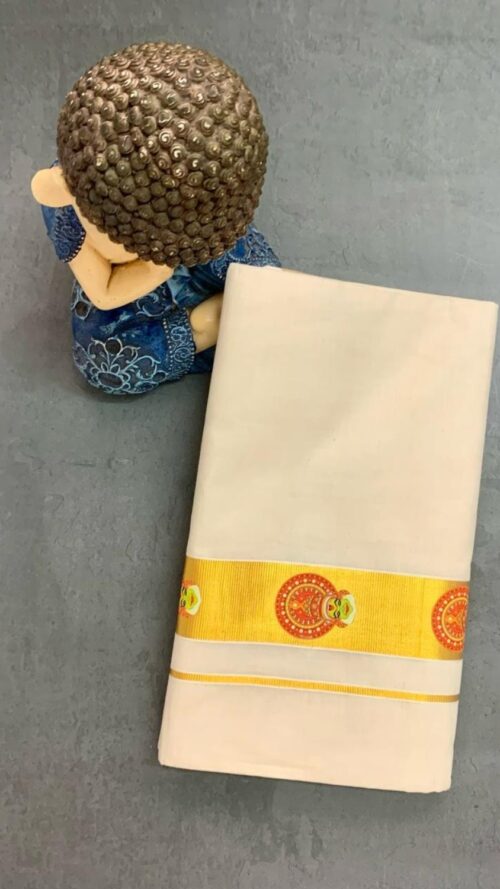 Cotton Grey – 1 ½ Inch Gold – Kathakali Small Print Dhoti