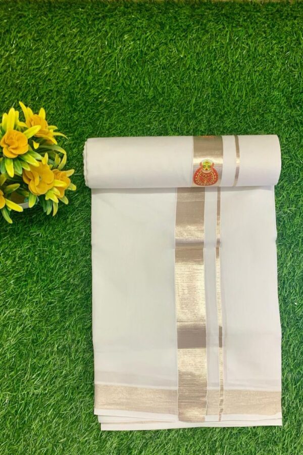 Cotton Bleech – 1 ½ Inch Silver Border with Kathakali Small Print Dhoti