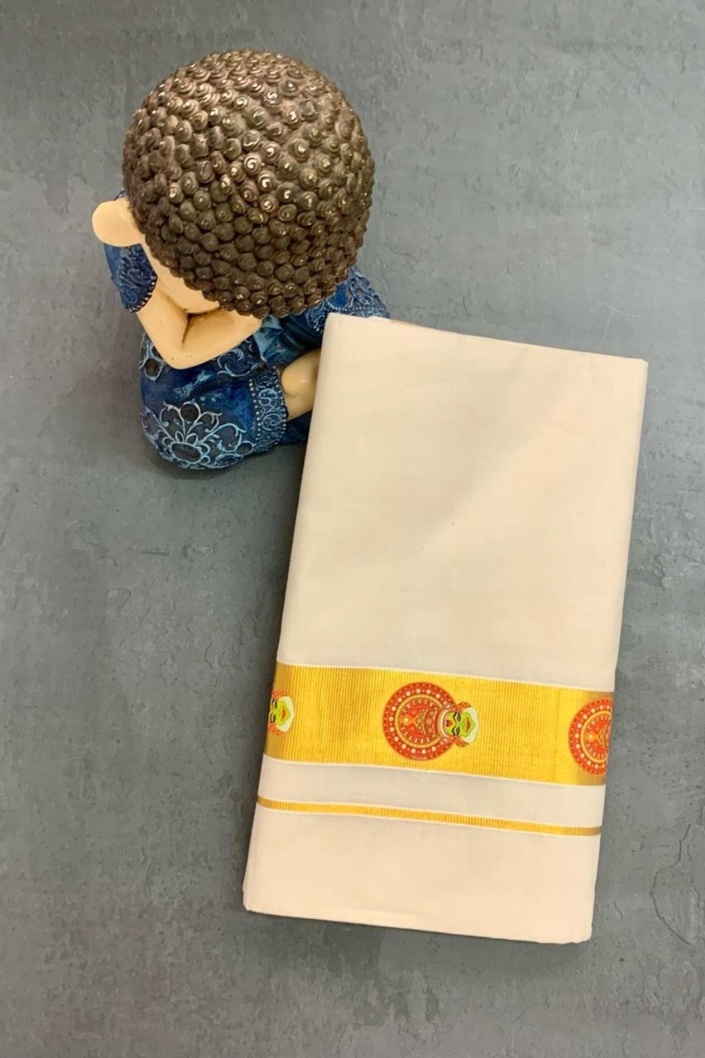 Cotton Grey – 1 ½ Inch Gold – Kathakali Small Print Dhoti